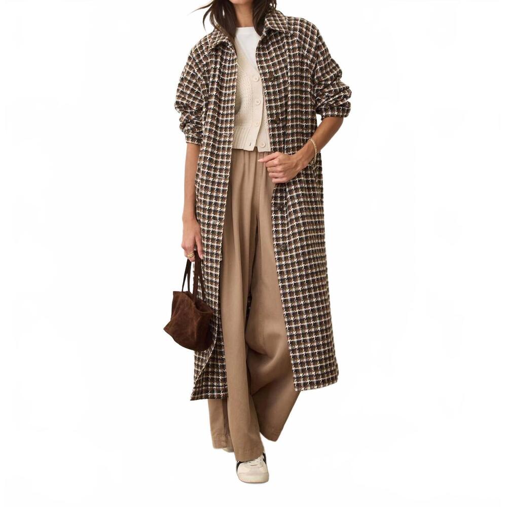 NEW MARINE LAYER hayes houndstooth trench coat in neutral herringbone